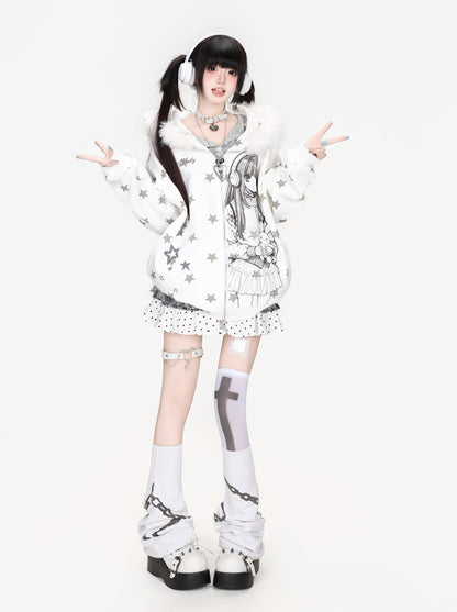 ヘッドホンガールプリント星柄ファーフードパーカー
