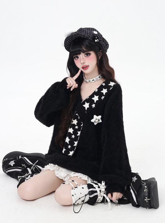 星モチーフフェイクファー重ね着風ニット