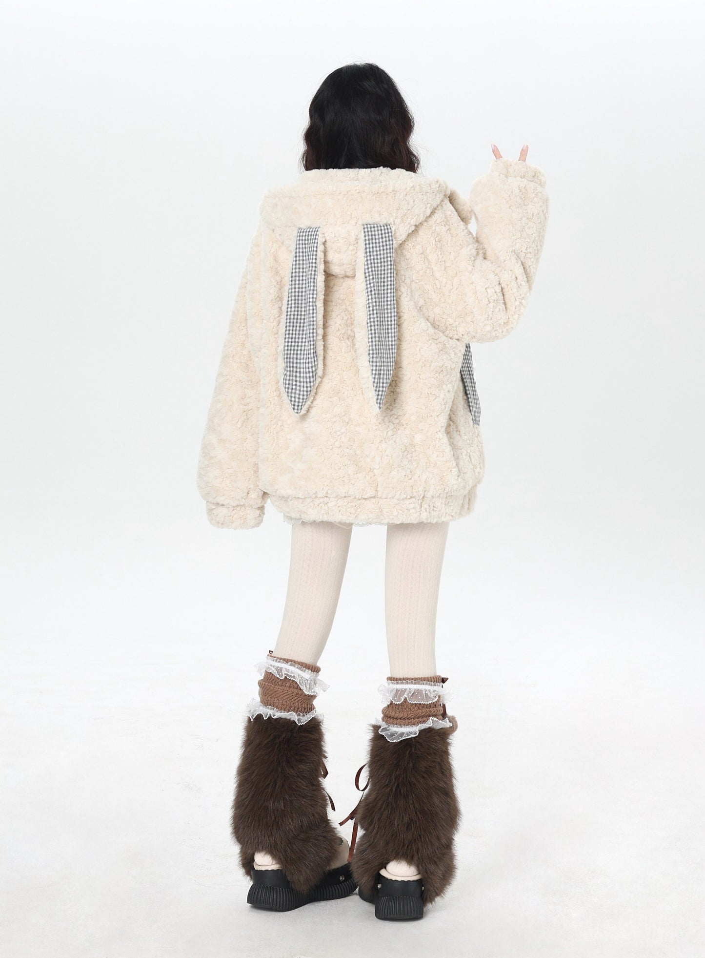 うさ耳＆刺繍入り チェック切替ボアジャケット
