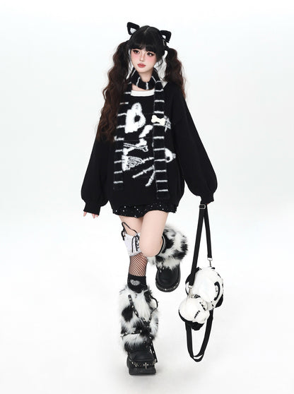 白黒ねこモチーフ ルーズニットプルオーバー｜秋冬ゆるサブカル