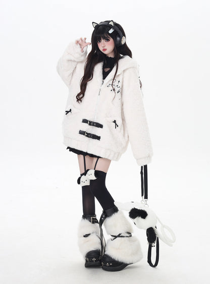 刺繍ねこ耳フード付き厚手ボアジャケット