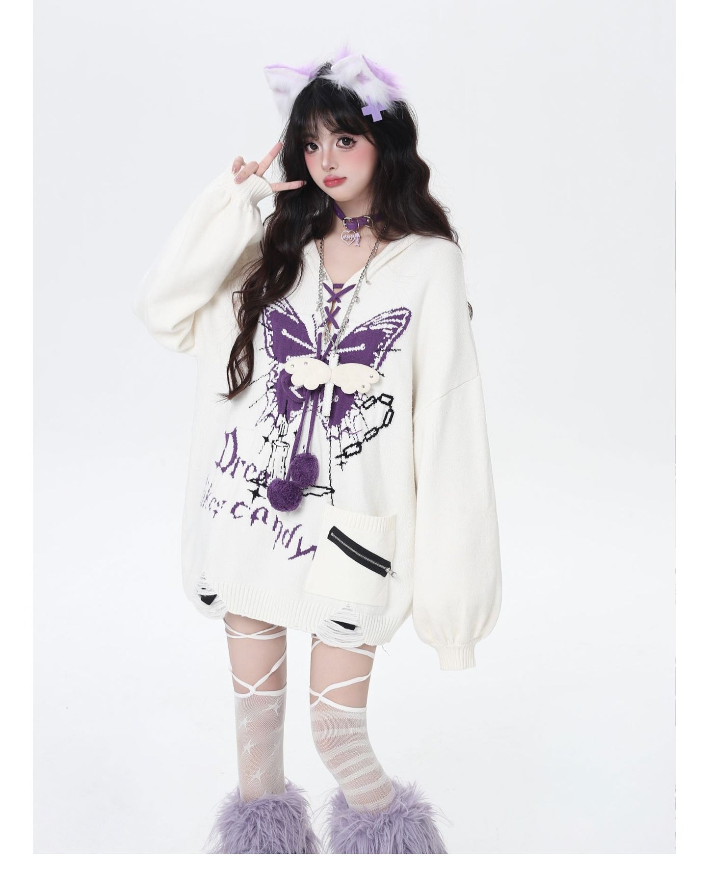 🦋Vネックリボンフーディゆる甘ニットカーデ