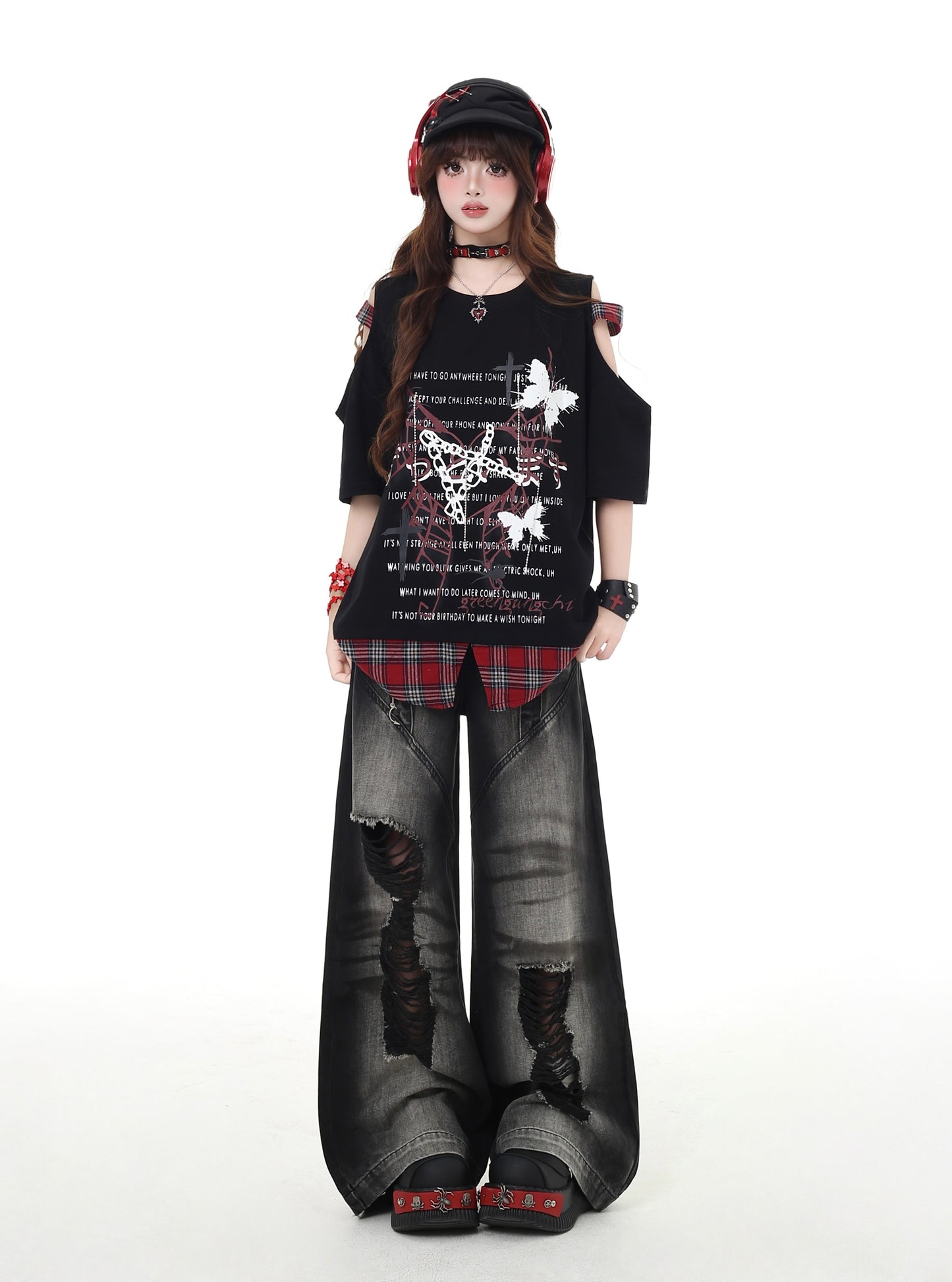 パンク風チェック柄オープンショルダーゆったりTシャツ