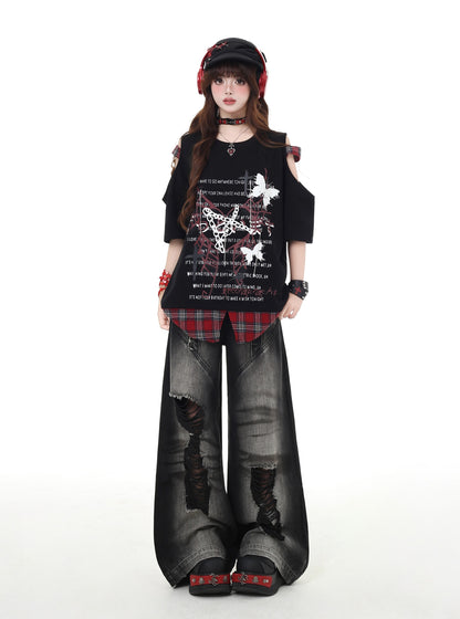 パンク風チェック柄オープンショルダーゆったりTシャツ