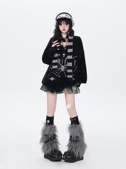 Vネック蝶モチーフふわもこニット＋マフラー