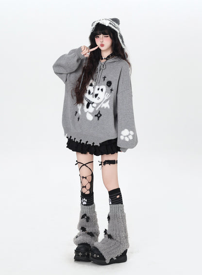 ねこモチーフ フード付きルーズニット｜黒×グレー サブカル