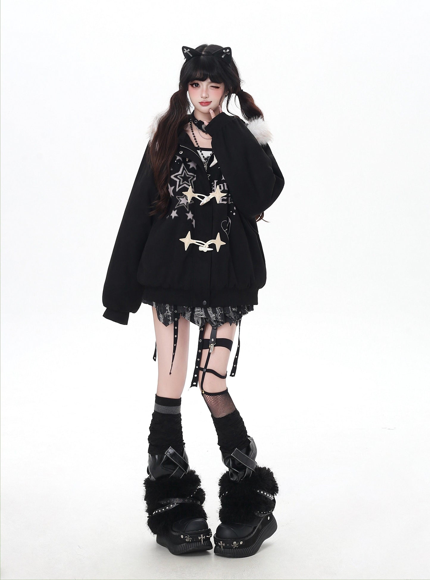 星柄レター×ボア襟取り外し可能 ゆるシルエット中綿ジャケット