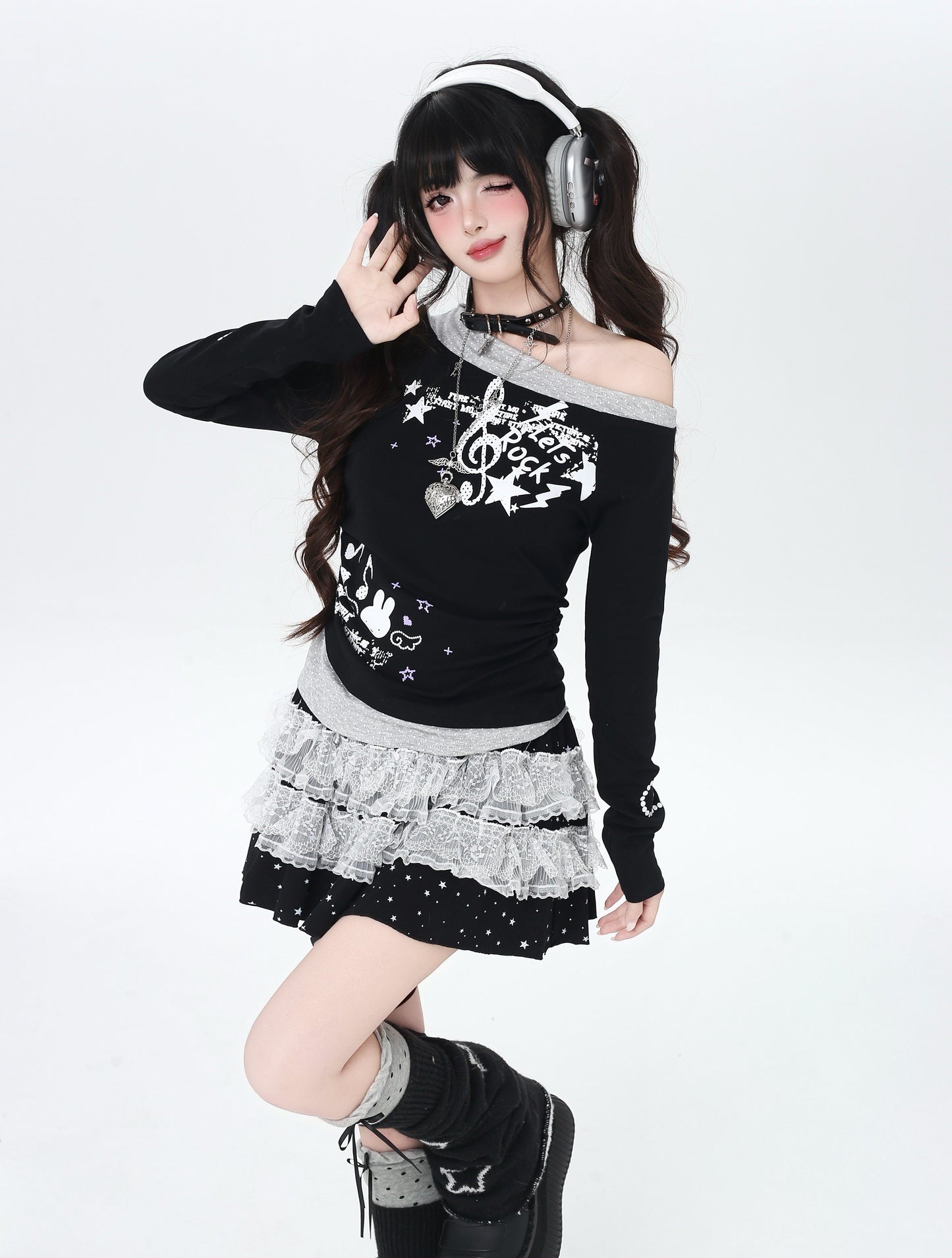 音符モチーフ フェイクレイヤード長袖Tシャツ