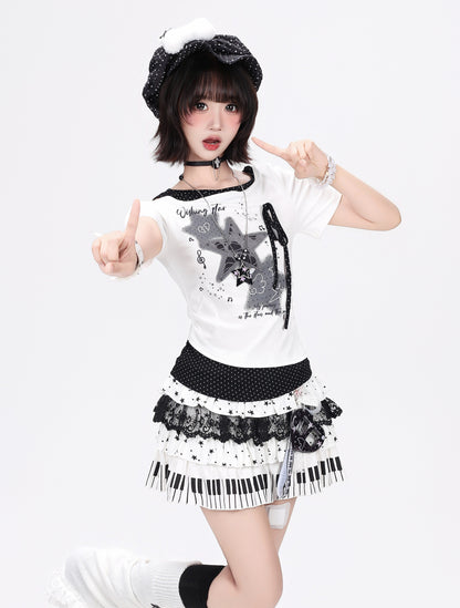 アシメ星柄ダメージTシャツ