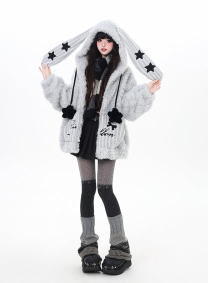 うさ耳フード×星柄ボアジャケット