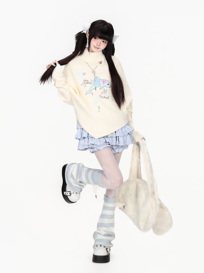 イルカ柄ハイネックポンチョニット