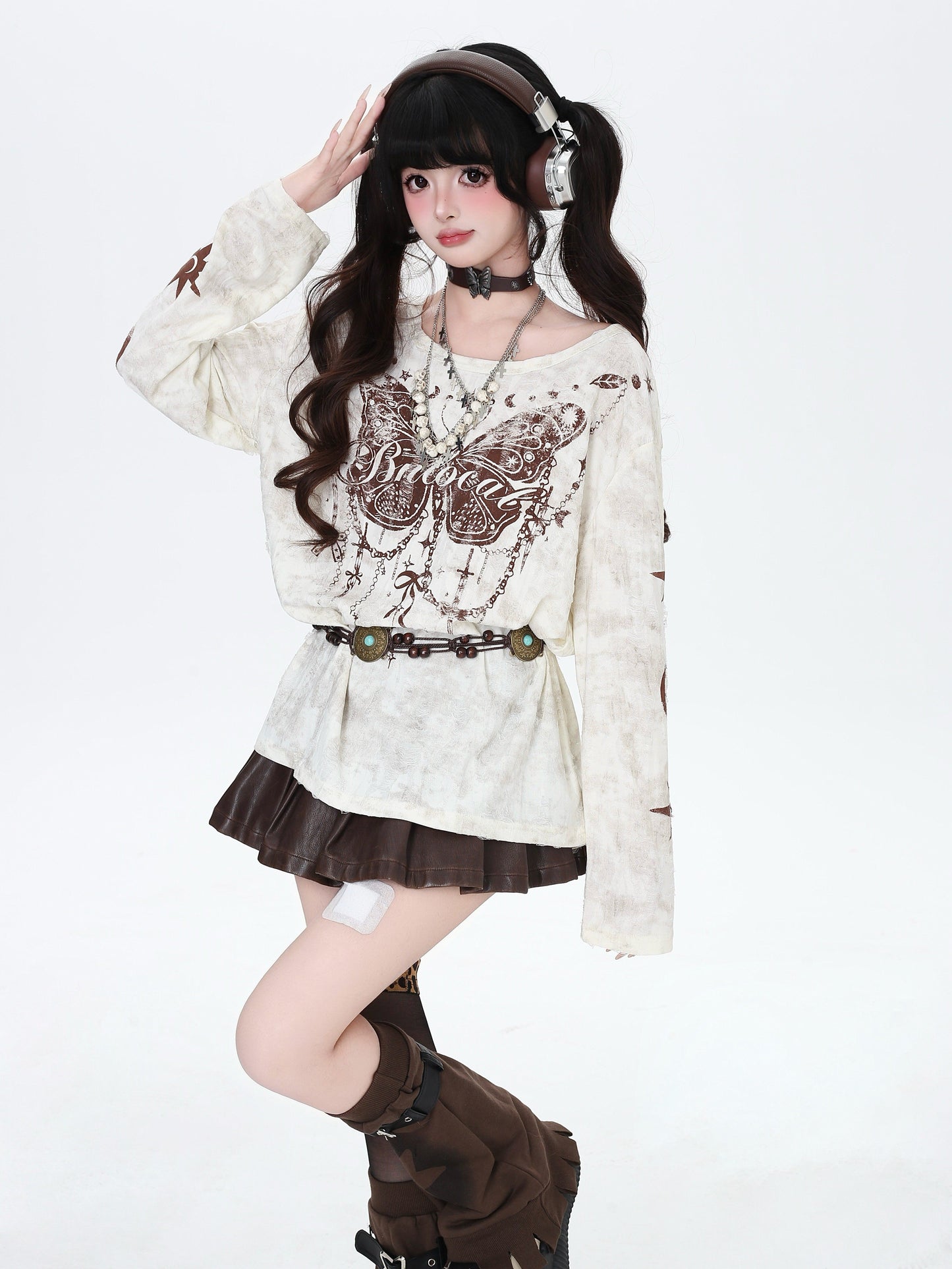 クラッシュ加工 バタフライ柄ロングスリーブT