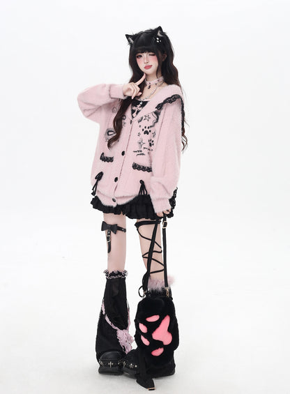 うさ耳レースフード付きニットカーデ