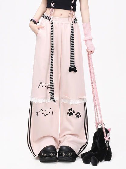 猫刺繍レースワイドパンツ