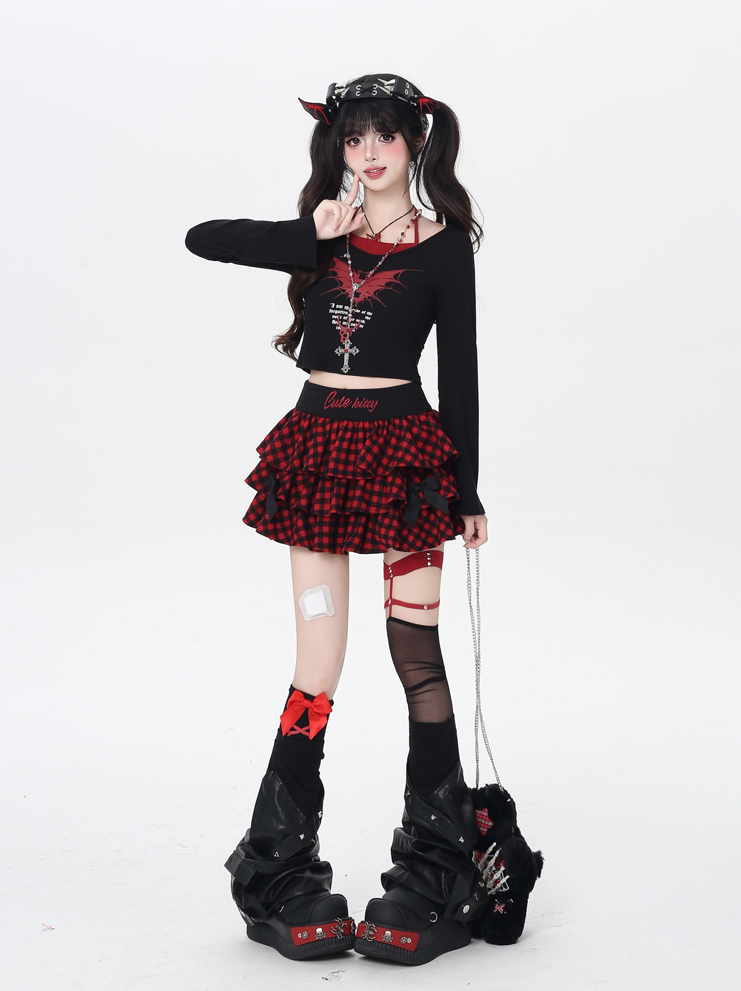 チェック刺繍リボンフレアスカート