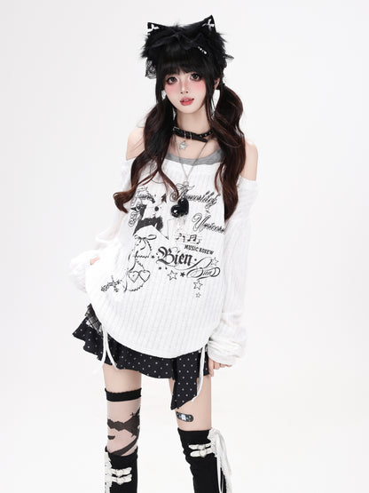 星柄レイヤード風ドロスト長袖トップス