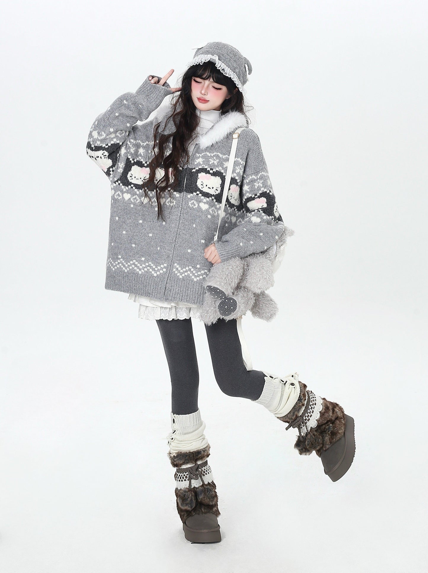 フェアアイル 猫モチーフ ニットフーディー