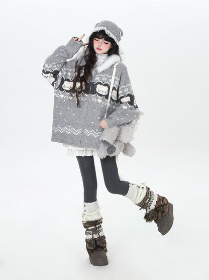 フェアアイル 猫モチーフ ニットフーディー