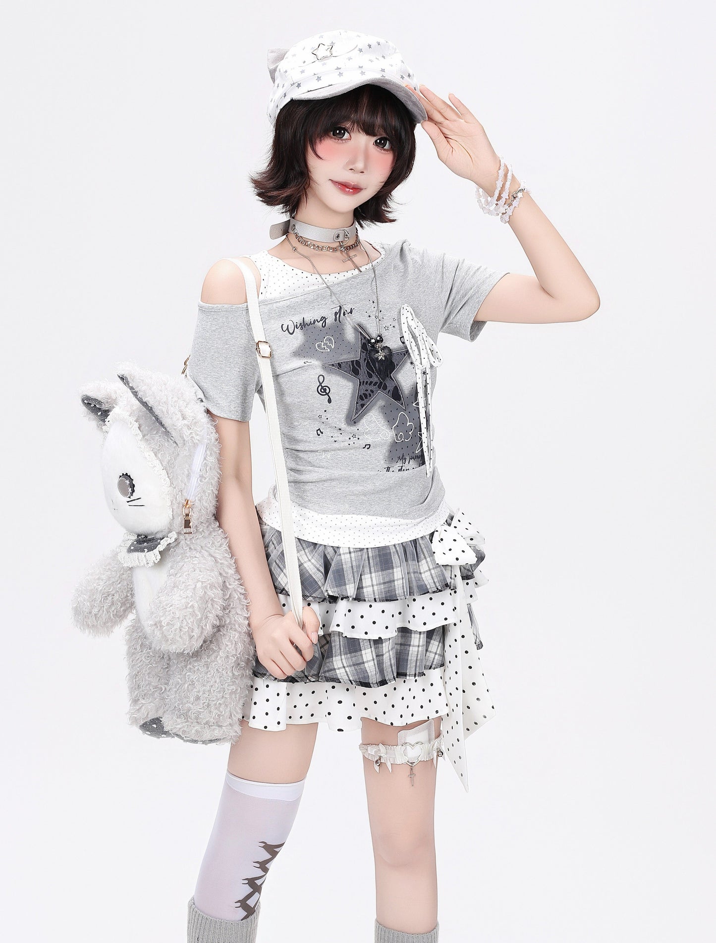 アシメ星柄ダメージTシャツ