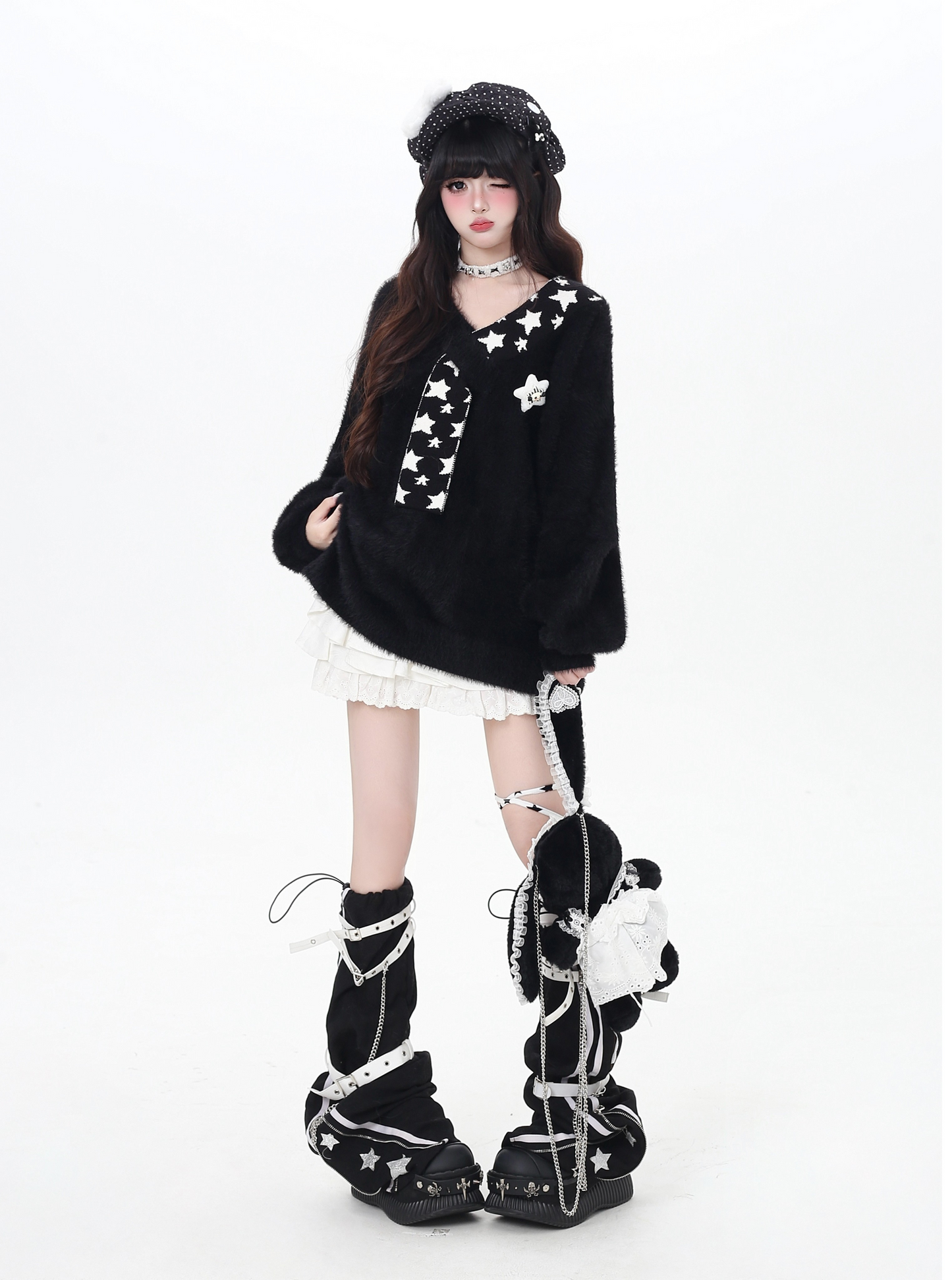 星モチーフフェイクファー重ね着風ニット