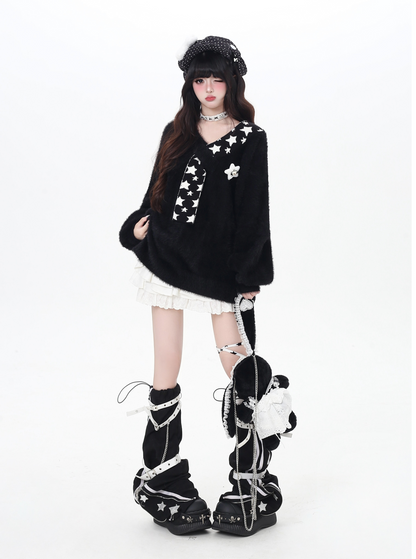 星モチーフフェイクファー重ね着風ニット