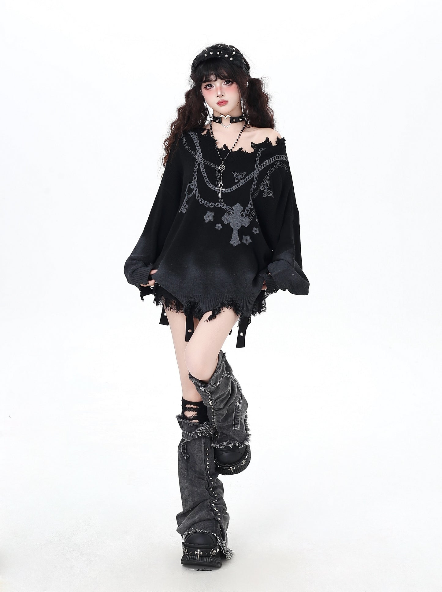 ゴスチェーン×グラデ破れデザインゆるニット