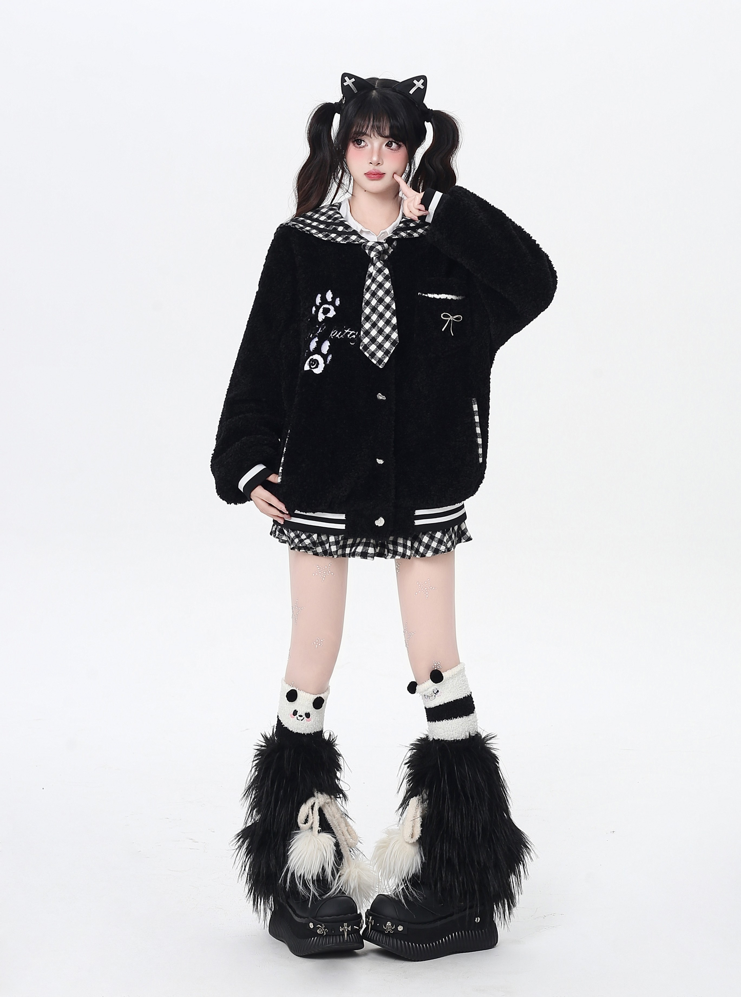 チェックセーラー襟ボアジャケット