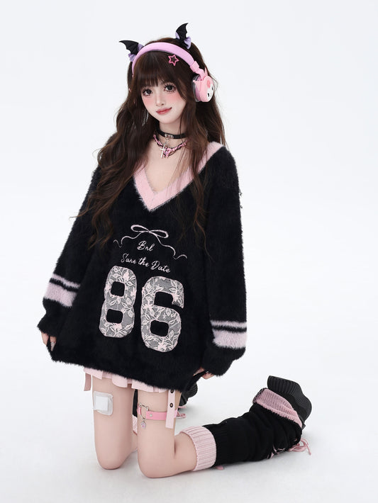 アカデミックヴィンテージロゴモヘアVネックニット