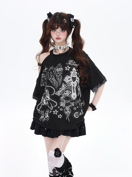 ラッキーエンジェル片肩レースTシャツ