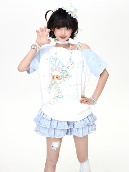 アシメ配色レースアップTシャツ