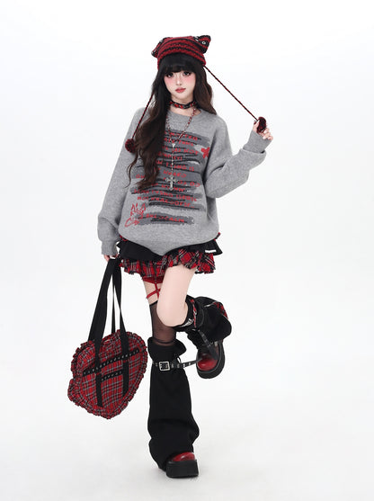 ゴシック猫ニット｜黒×グレーのゆる甘クールコーデ