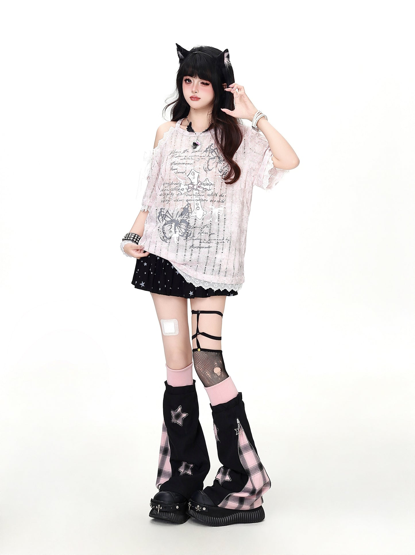 クロスレースオフショルTシャツ
