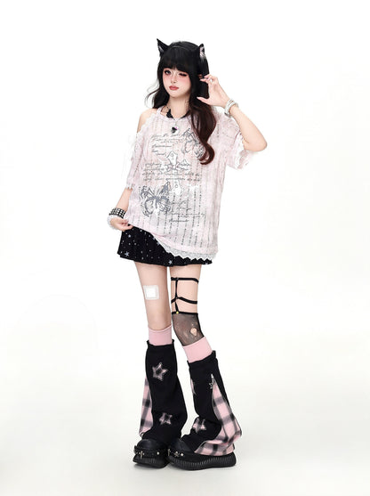 クロスレースオフショルTシャツ