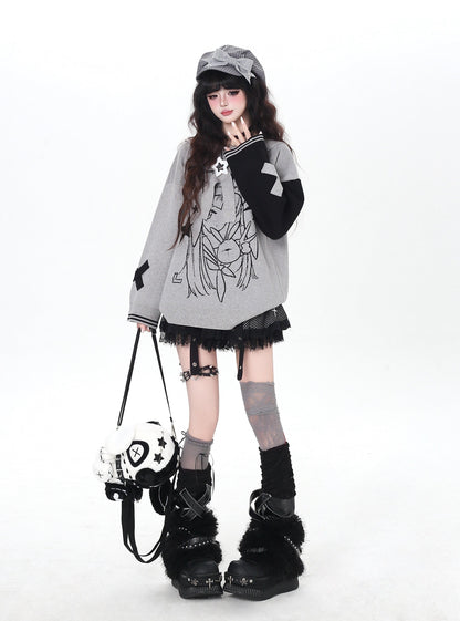 ゴシック サブカル 肩見せイラストプリントニット