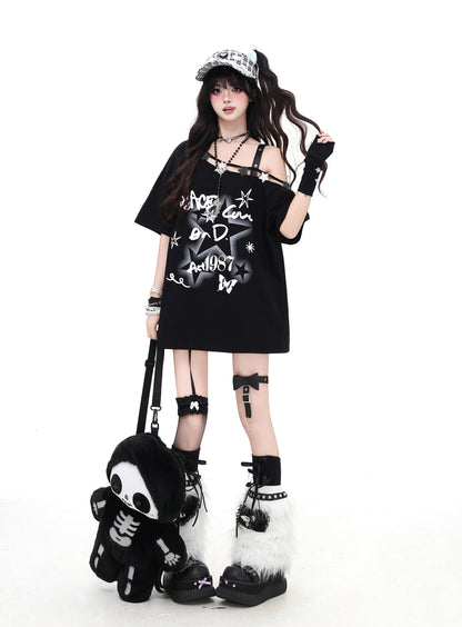 白黒ドット×肩あきゆるT