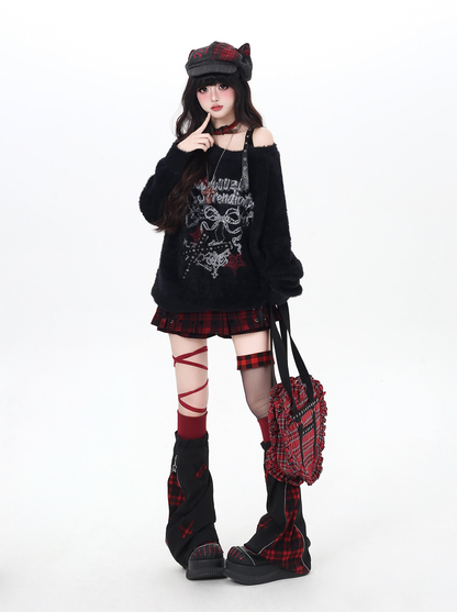 リボンオフショルフェイクファーニット