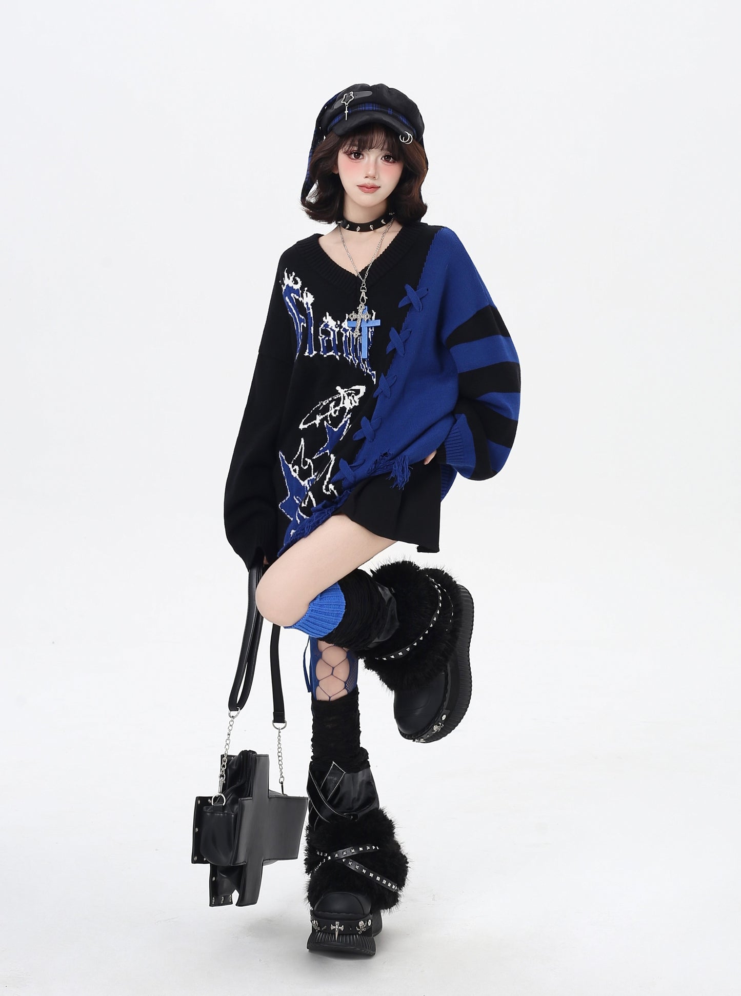 ゆるギャル系 Vネック配色リボンニット♡秋冬甘辛ミックス