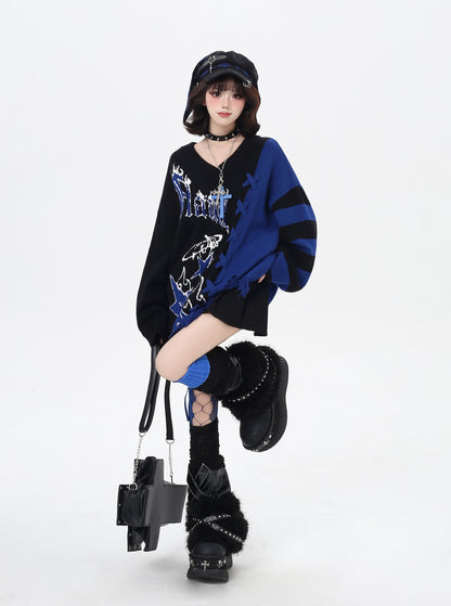 ゆるギャル系 Vネック配色リボンニット♡秋冬甘辛ミックス