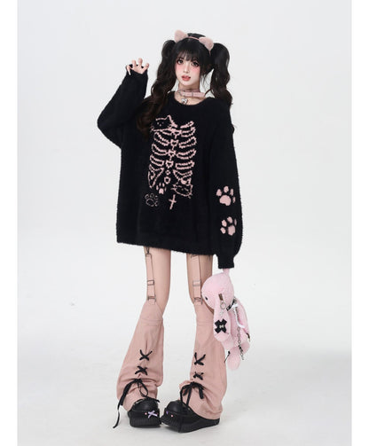ふわふわネコモチーフ丸首ゆるニット 秋冬ガーリー