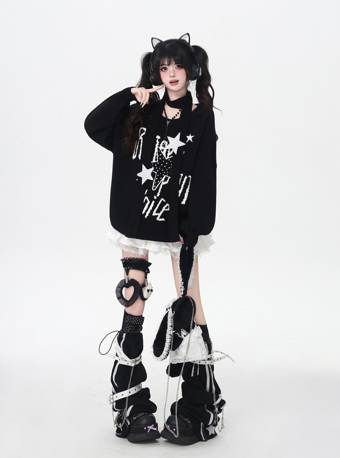 ドット×星柄 Y2K 甘辛オーバーサイズニット 個性派