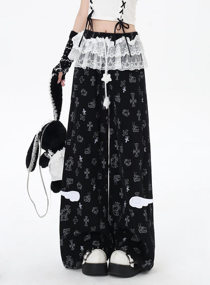 猫柄レーススウェットパンツ🖤ゆる甘ストリート