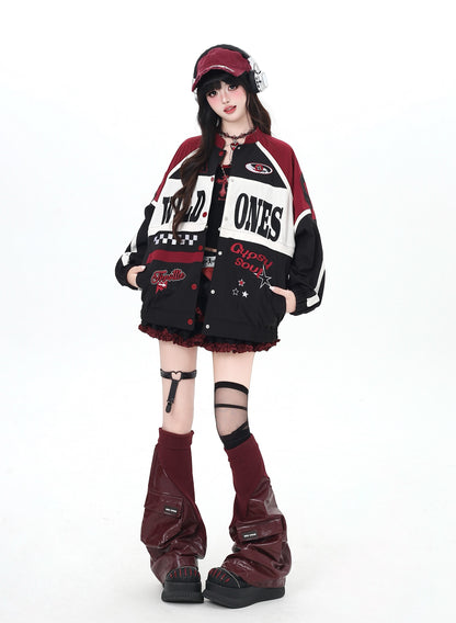 ストリート復古パッチワーク×ライダーズスタジャン（取り外し可能）