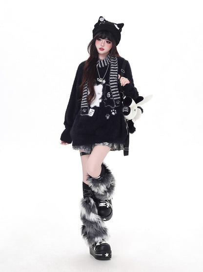 ふわもこ猫柄ニット＋マフラー付き