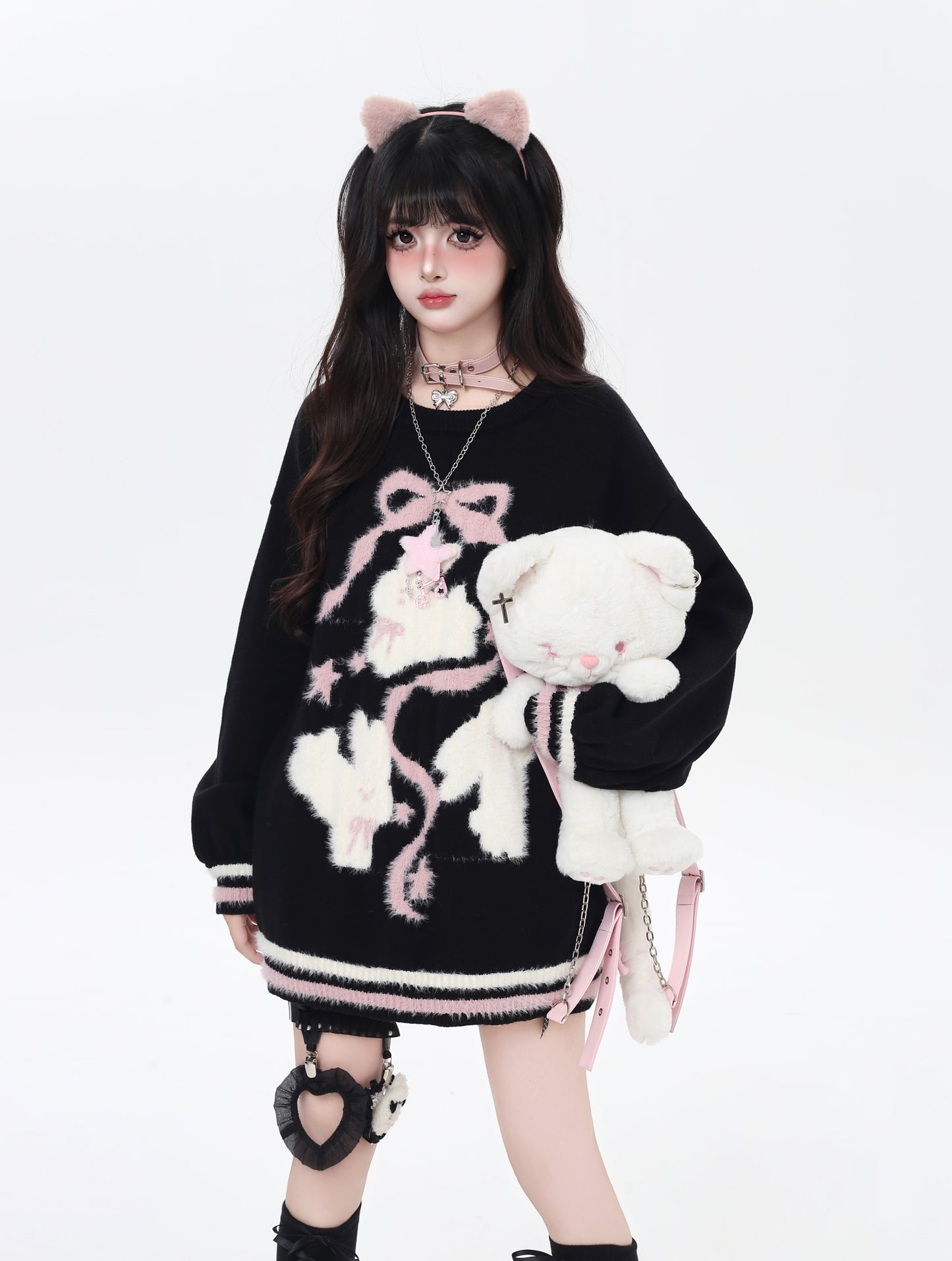 ゆる地雷 うさみみ×リボン ニットセーター 秋冬 オーバーサイズ 量産型 Y2Kコーデ