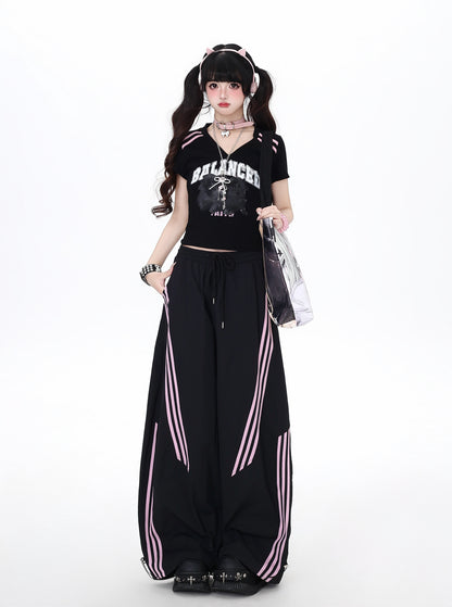 アメカジムード♡ブラック×ピンクボーダーVネックフィットT