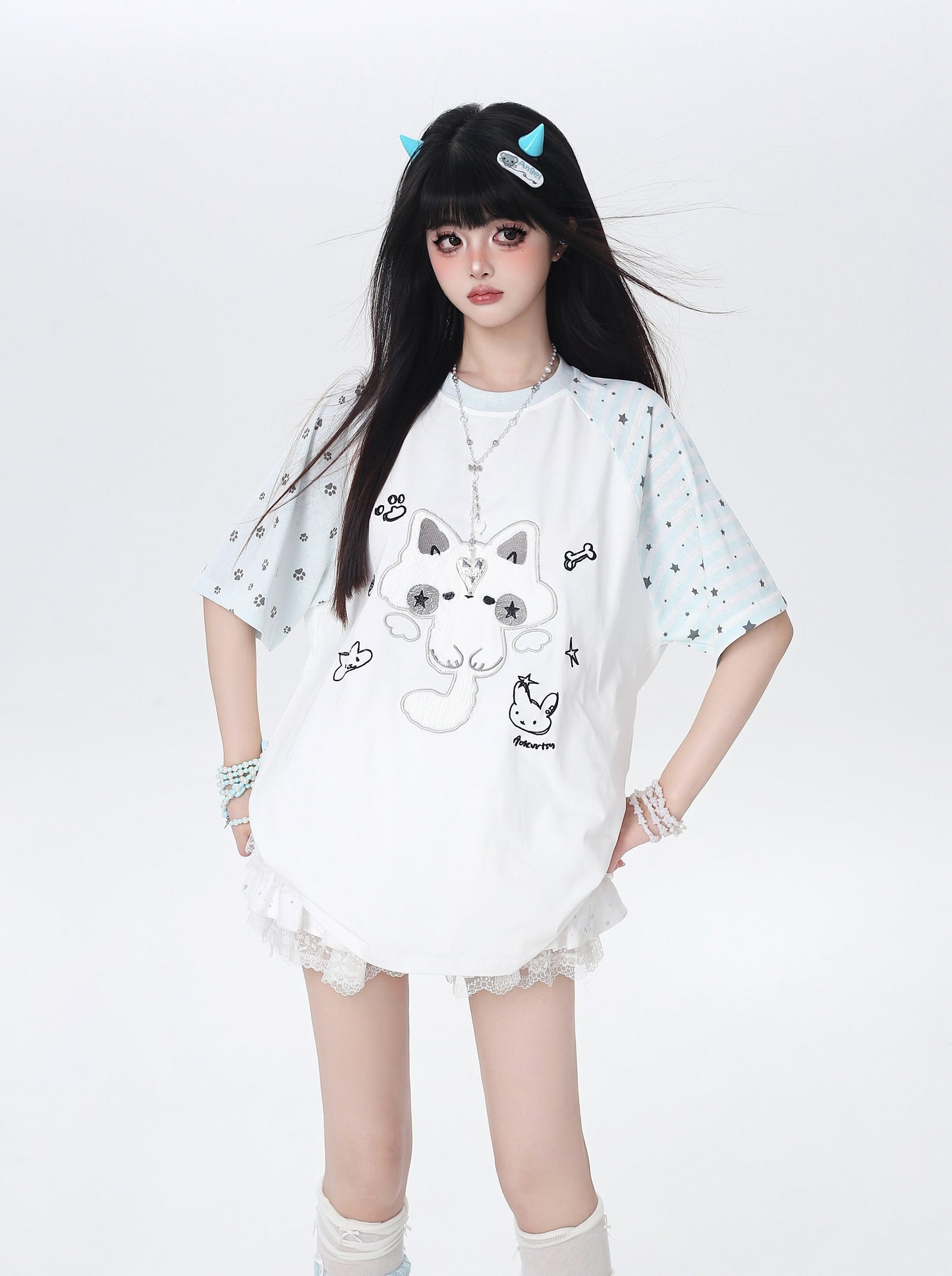 猫モチーフラグランTシャツ