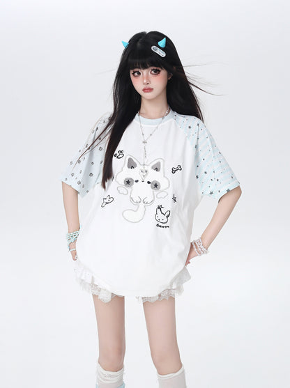 猫モチーフラグランTシャツ
