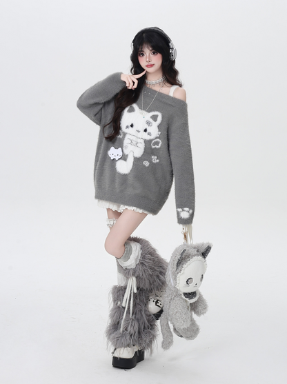 キャットモチーフアシメオフショルニット