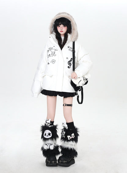 猫モチーフ 音符入り フード付き中綿ジャケット