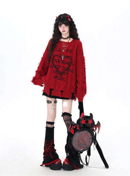 ヴィンテージハート×ダメージVネックゆるカジュアルニット